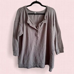 Intimately Free People XS Oversized 100% Cotton Slub Henley Raw Edge Gray Top